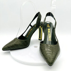 Kat Maconie D'Orsay Slingback Heels Womens 37 Green Faux Leather Gold Maximalist